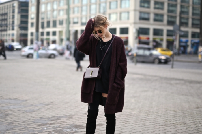 bordeaux cardigan, black shirt, overknee boots, YSL purse