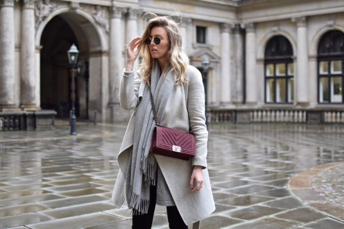 gray coat, grey scarf, red chanel bag, happy new year