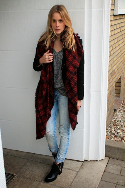 red black patterned scarf with Jeans and black coat by Zara